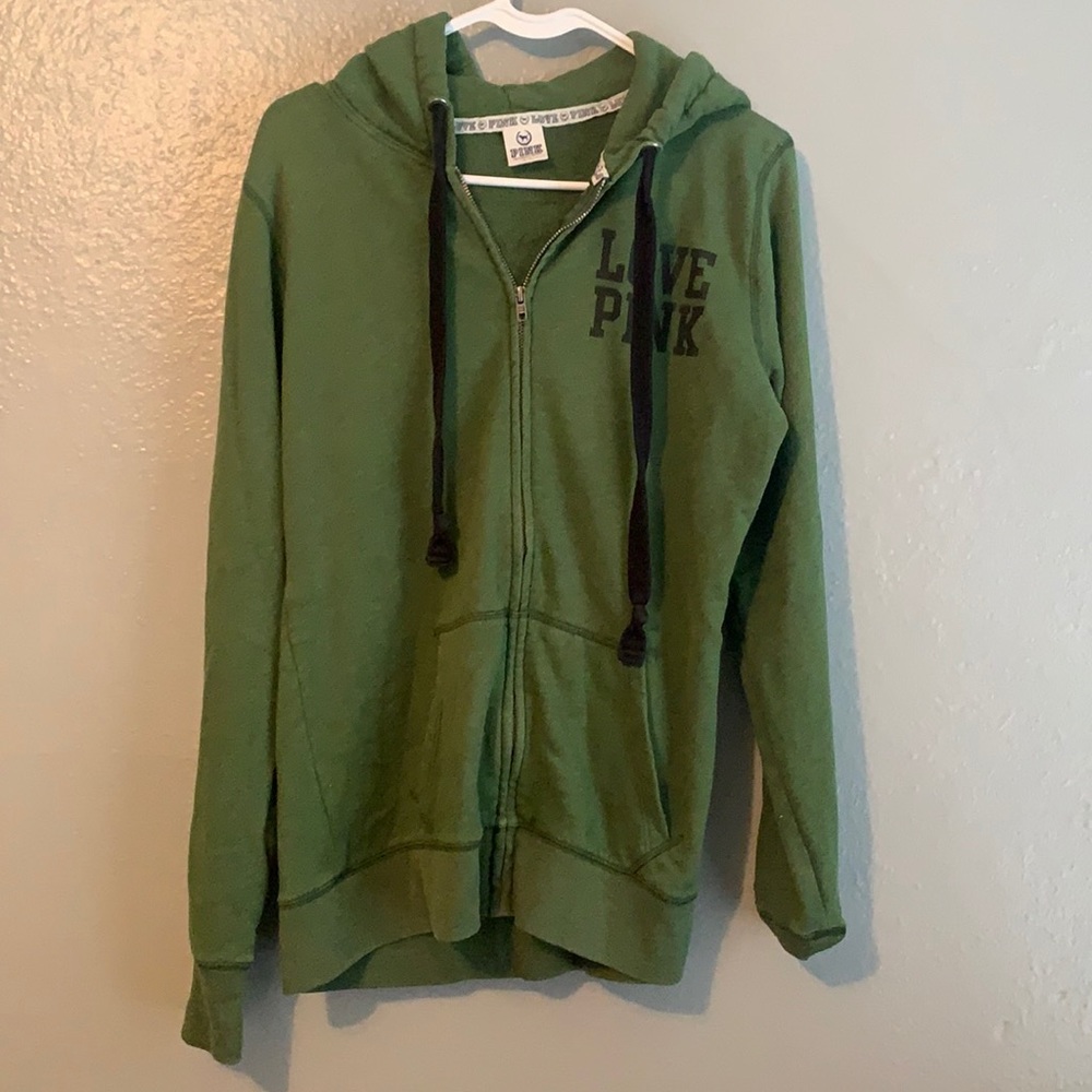 Dark Green Zip Up Pink Sweatshirt